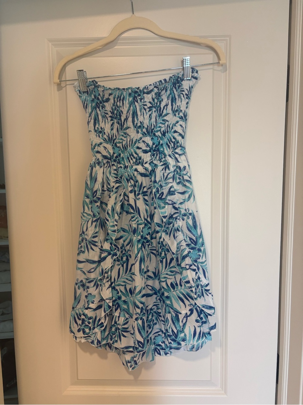 Tiare Hawaii Strapless Leaf-Print Dress in Blue and Teal